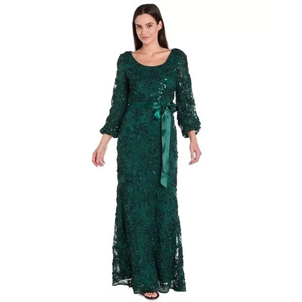 NWT R & M Richards Petite Lng Scoop Neck Lace Dress Hunter Sequin Floral 4P $169